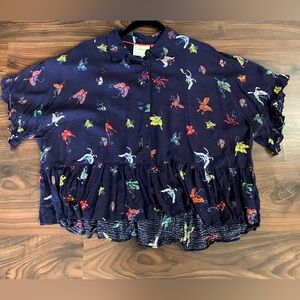 Maeve Top Size M Blue Butterflies Short Sleeve